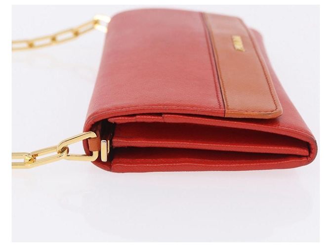 Portafoglio a spalla con catena PRADA in pelle Saffiano Arancione Tono Oro Auth ka6249 - vista 6