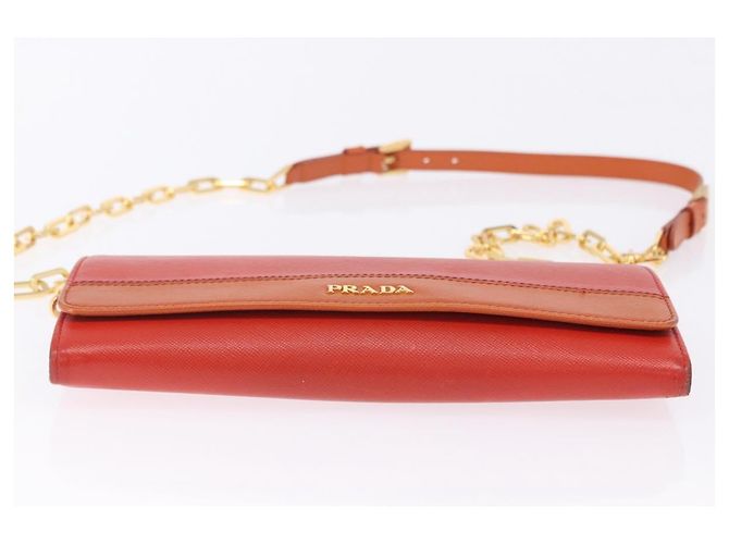 Portafoglio a spalla con catena PRADA in pelle Saffiano Arancione Tono Oro Auth ka6249 - vista 7