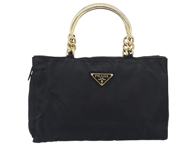 PRADA Handtasche mit Metallgriff Nylon Black Gold Auth 203873 Schwarz Golden - Ansicht 13