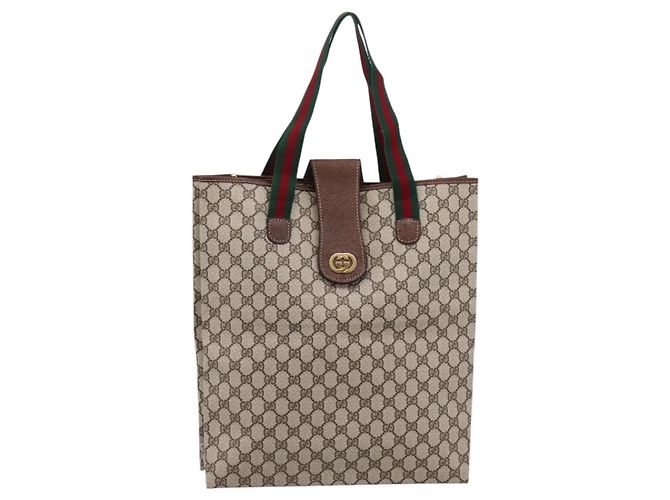 Borsa Tote GUCCI GG Supreme Web Sherry Line PVC Beige Oro Auth 204701A D'oro - vista 13
