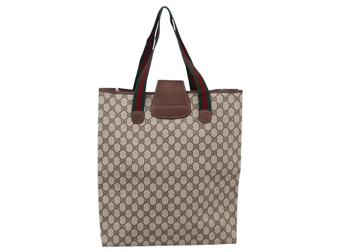 Borsa Tote GUCCI GG Supreme Web Sherry Line PVC Beige Oro Auth 204701A D'oro - vista 2