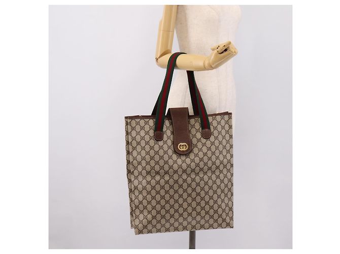 Borsa Tote GUCCI GG Supreme Web Sherry Line PVC Beige Oro Auth 204701A D'oro - vista 23