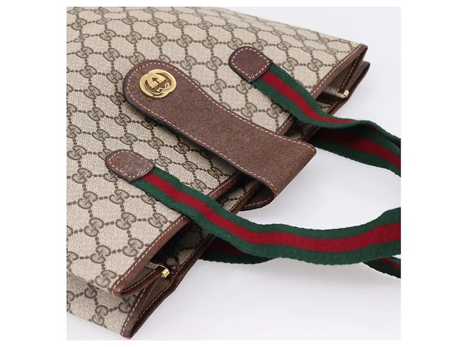 Borsa Tote GUCCI GG Supreme Web Sherry Line PVC Beige Oro Auth 204701A D'oro - vista 6