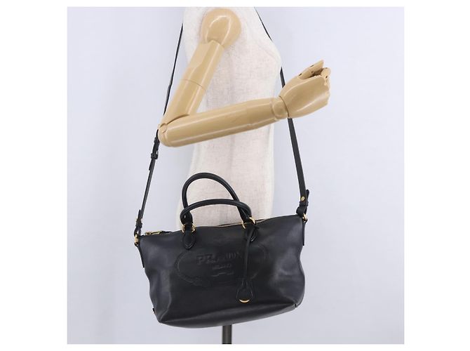 Bolsa de mão PRADA em couro 2way Preta Dourada Auth LN148V Preto Dourado - vista 35