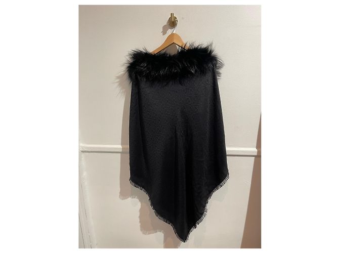 Stola Fendi nera in lana e seta con motivo FF e collo in pelliccia Nero - vista 3