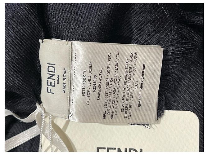 Stola Fendi nera in lana e seta con motivo FF e collo in pelliccia Nero - vista 5