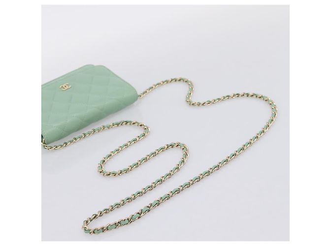 Portafoglio a spalla con catena CHANEL Matelasse in pelle d'agnello verde e oro CC Auth am12655SAM D'oro - vista 7