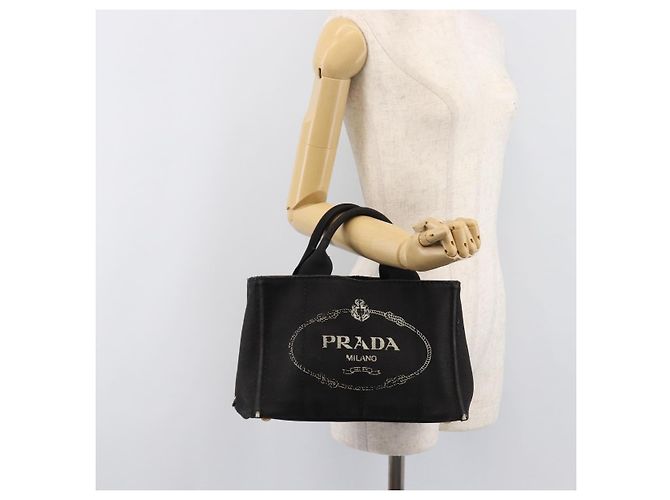 PRADA Canapa PM Handtasche Canvas Schwarz Goldfarben Auth 204699 - Ansicht 24