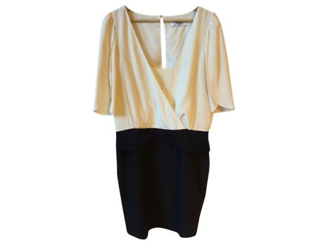 Vestido Tibi de seda preto e écru de mangas curtas Bege - vista 5