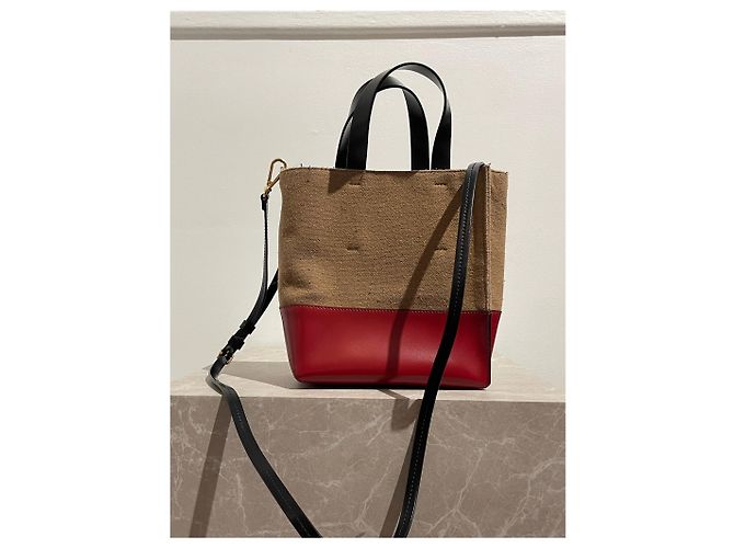 Mini borsa tote Marni in lana camel e pelle rossa Cammello - vista 2