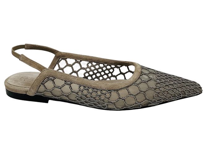Brunello Cucinelli Décolleté Flat in Mesh e Camoscio Taupe con Decorazioni Monili Beige - vista 2