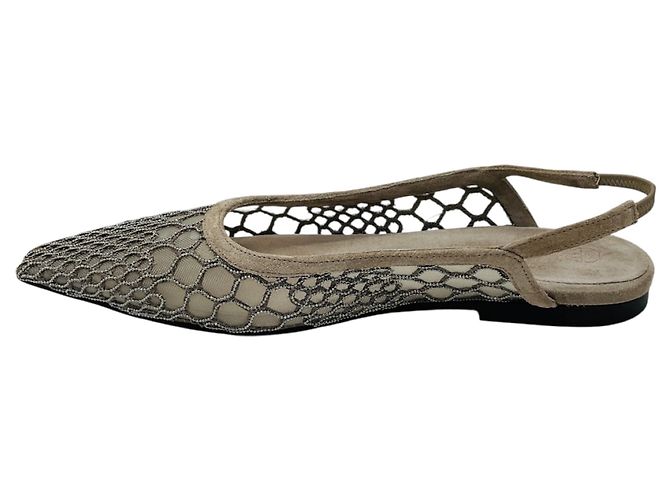 Brunello Cucinelli Décolleté Flat in Mesh e Camoscio Taupe con Decorazioni Monili Beige - vista 3