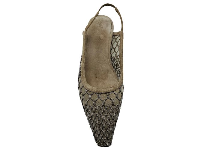 Brunello Cucinelli Décolleté Flat in Mesh e Camoscio Taupe con Decorazioni Monili Beige - vista 4
