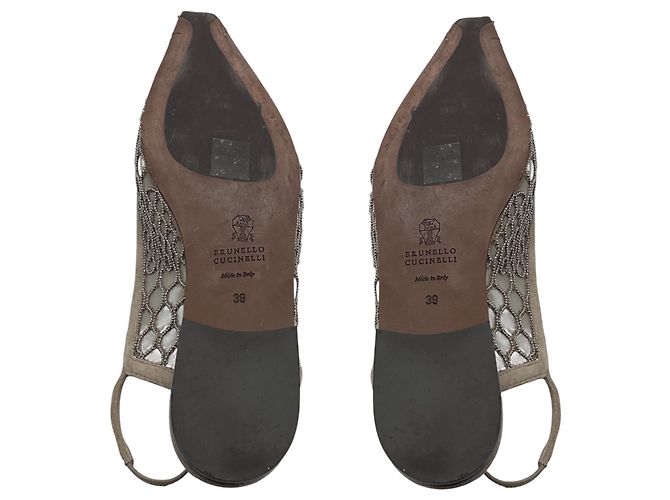 Brunello Cucinelli Décolleté Flat in Mesh e Camoscio Taupe con Decorazioni Monili Beige - vista 6