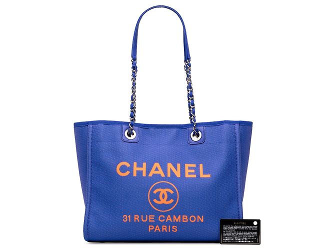 Borsa Tote Deauville Small in tela blu Chanel - vista 7