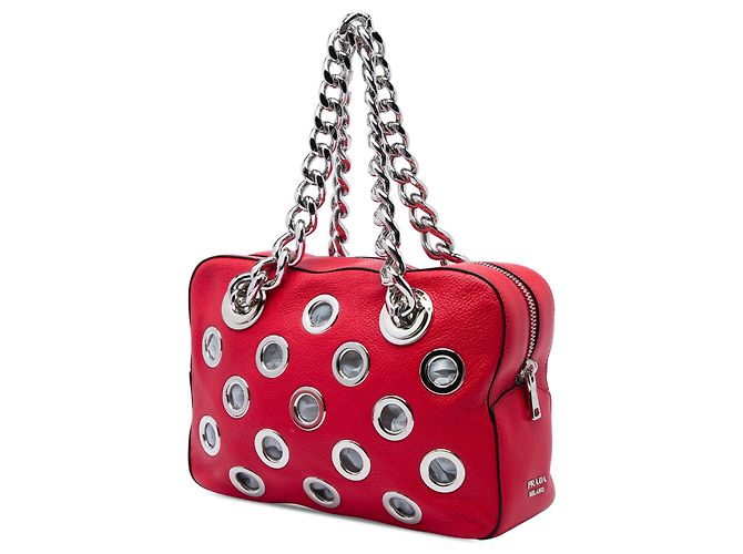 Bolsa de Ombro Prada Vitello Daino Vermelha com Corrente e Ilhoses Vermelho - vista 2