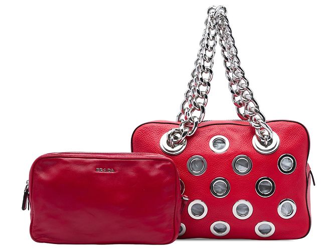 Bolsa de Ombro Prada Vitello Daino Vermelha com Corrente e Ilhoses Vermelho - vista 7