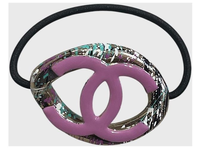Elastico per capelli Chanel Logo Metallo Fucsia Nero Rosa - vista 2