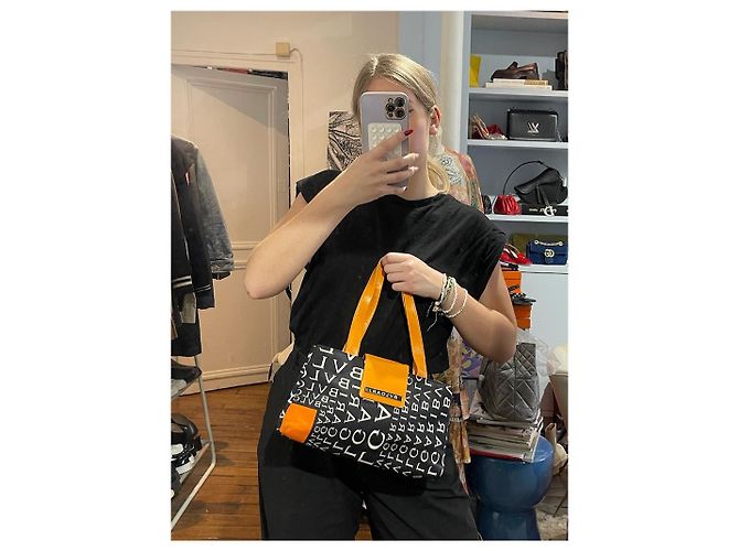 Borsa a mano Bulgari in tela nera e finiture in pelle arancione Nero - vista 13