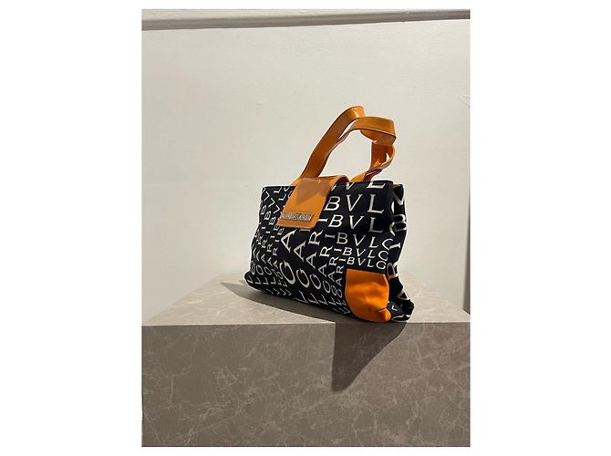 Borsa a mano Bulgari in tela nera e finiture in pelle arancione Nero - vista 2