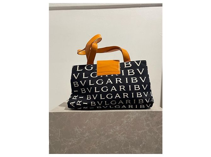 Borsa a mano Bulgari in tela nera e finiture in pelle arancione Nero - vista 4