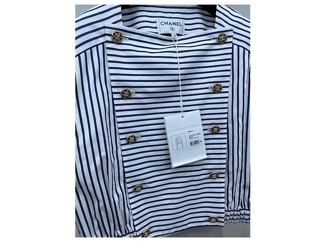 Top Chanel 22S a Righe Blu e Bianche in Cotone Multicolore - vista 3