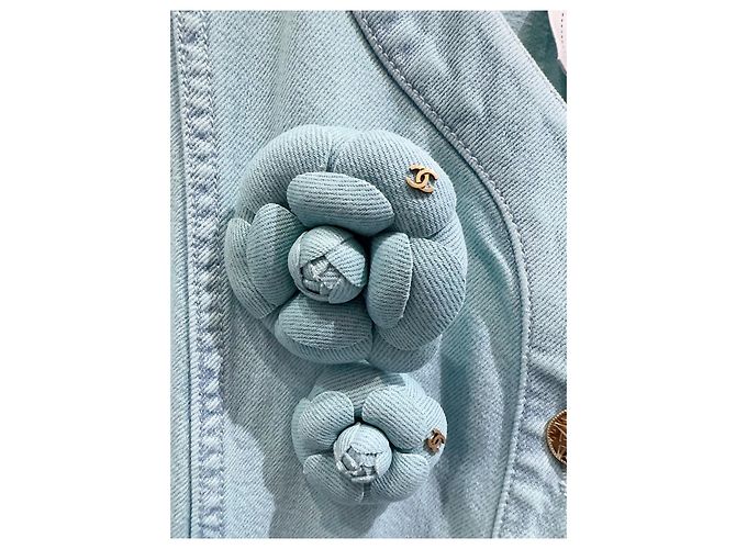 Chanel Jacke aus blauem Tweed mit Kamelien Motiv Größe 34 Mehrfarben - Ansicht 3