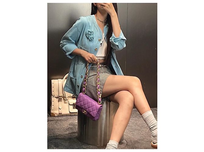 Chanel Jacke aus blauem Tweed mit Kamelien Motiv Größe 34 Mehrfarben - Ansicht 9