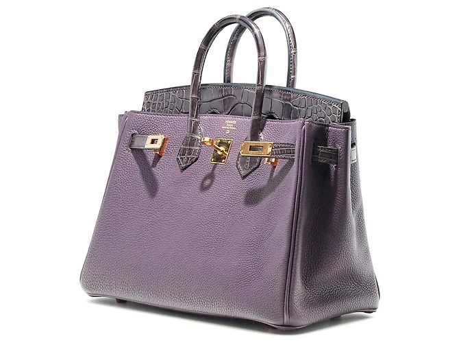 Hermès Birkin 25 aus Togo-Leder mit Krokodil-Akzenten Lila - Ansicht 3