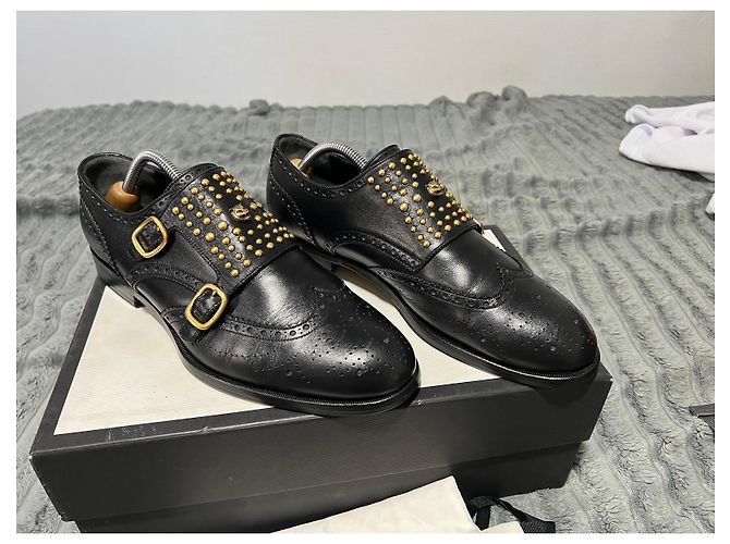 Gucci Mocassini in pelle nera con doppia fibbia e borchie Nero - vista 4