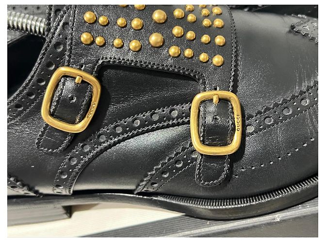 Gucci Mocassini in pelle nera con doppia fibbia e borchie Nero - vista 8
