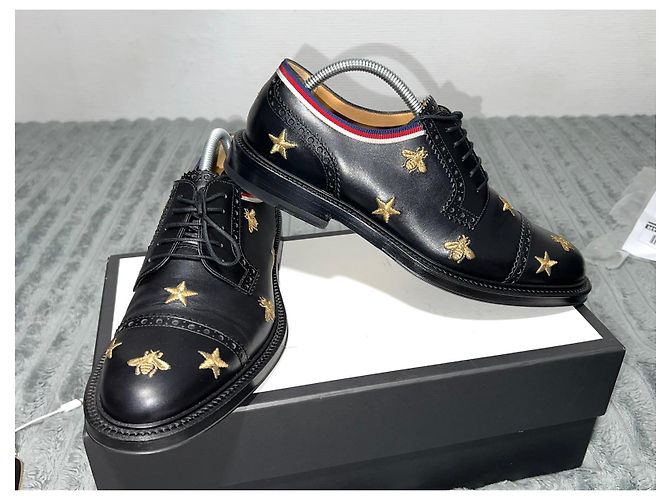 Gucci Scarpe Derby in pelle nera con api e stelle Nero - vista 7