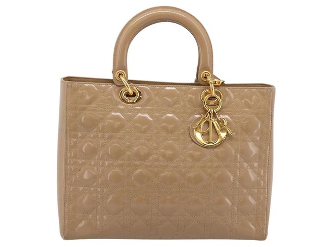 Christian Dior Cannage Lady Dior Large Hand Bag Patent Beige Gold - vista 13