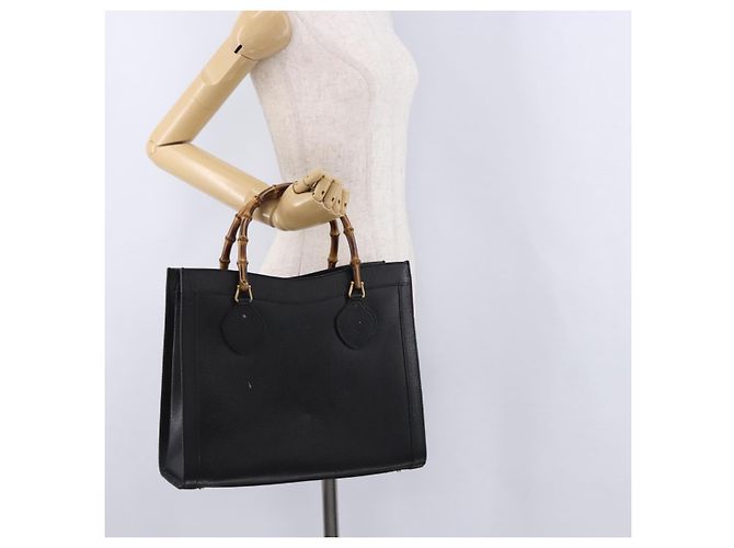 GUCCI Bamboo Hand Bag Leather Black Gold Tone 02 123 0260 - vista 24