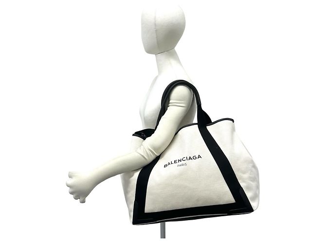 Borsa Tote Balenciaga Cabas in tela e pelle blu navy Nero Bianco - vista 2