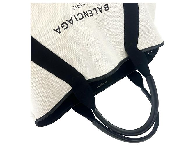 Borsa Tote Balenciaga Cabas in tela e pelle blu navy Nero Bianco - vista 4