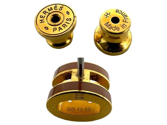 Hermès Brincos Mini Pop H Stud Earrings Hermes Marrom Dourado - vista 3