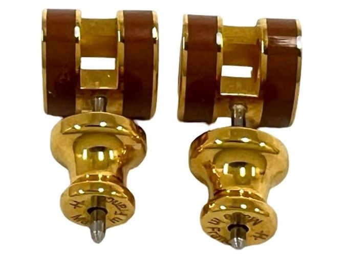Hermès Brincos Mini Pop H Stud Earrings Hermes Marrom Dourado - vista 6