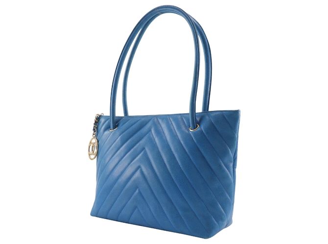 Borsa Tote Chanel Vintage Chevron Blu - vista 2