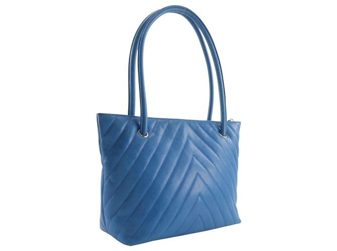 Borsa Tote Chanel Vintage Chevron Blu - vista 3
