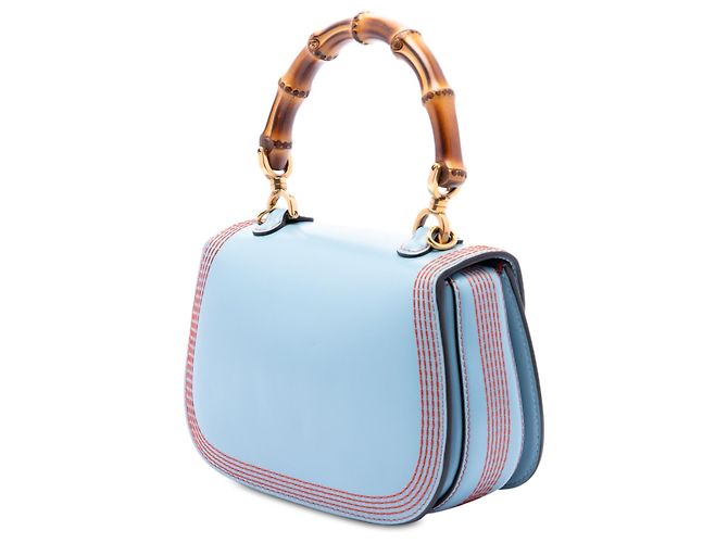 Bamboo Gucci Bolsa de mão 1947 em couro de bezerro azul com detalhes Web e bambou Azul claro - vista 2