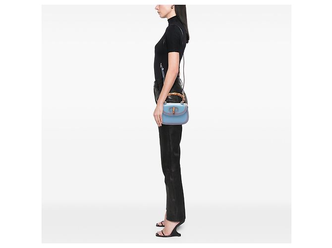 Bamboo Gucci Bolsa de mão 1947 em couro de bezerro azul com detalhes Web e bambou Azul claro - vista 6