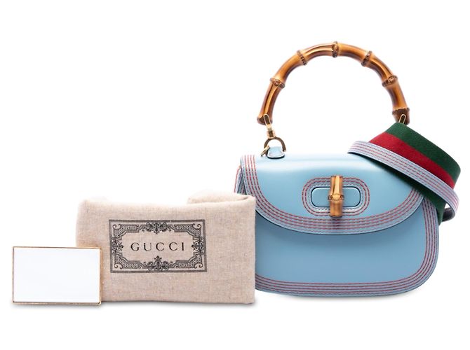Bamboo Gucci Bolsa de mão 1947 em couro de bezerro azul com detalhes Web e bambou Azul claro - vista 7