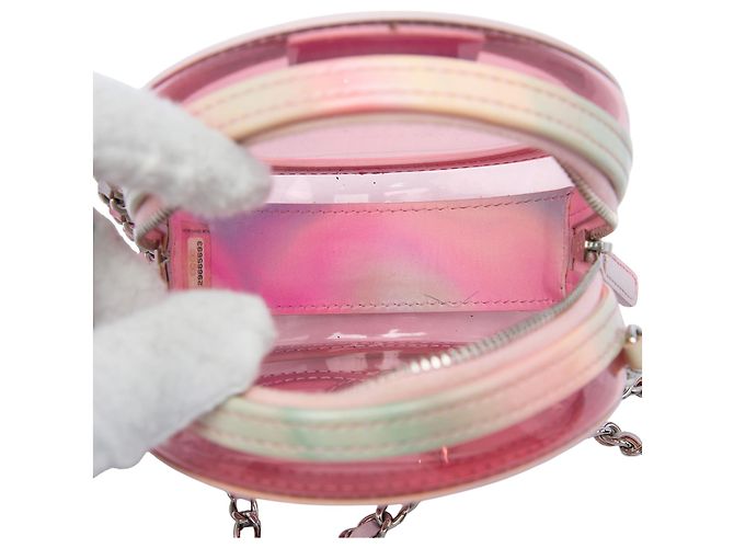 Clutch rotonda Chanel CC Filigree in PVC rosa e pelle d'agnello con catena - vista 4