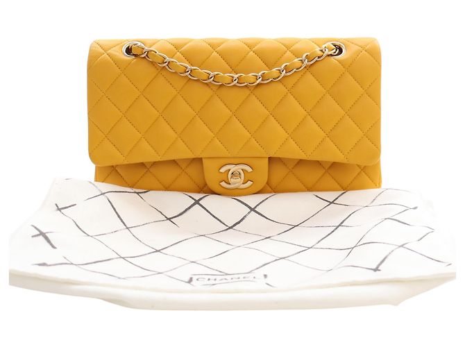 Chanel Yellow Medium Classic Lambskin Double Flap Giallo Senape - vista 13