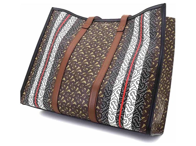 Borsa tote Burberry TB Monogram Stripe Marrone - vista 10