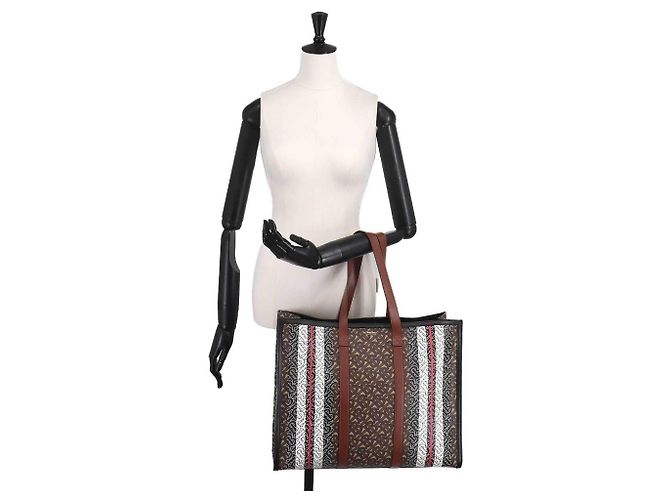 Borsa tote Burberry TB Monogram Stripe Marrone - vista 11