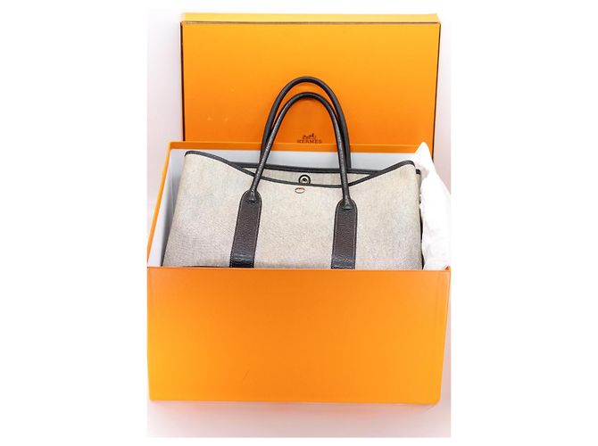Hermès Garden Party PM in Toile e Pelle Nera Nero Beige Grigio - vista 17