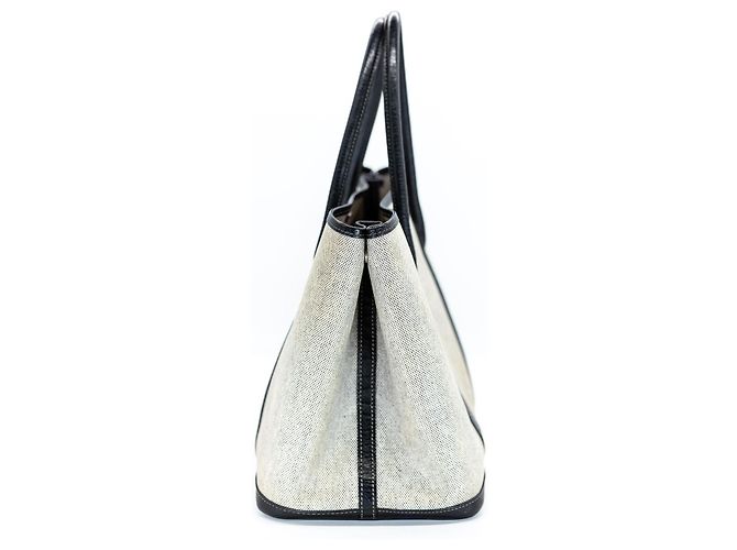 Hermès Garden Party PM in Toile e Pelle Nera Nero Beige Grigio - vista 5