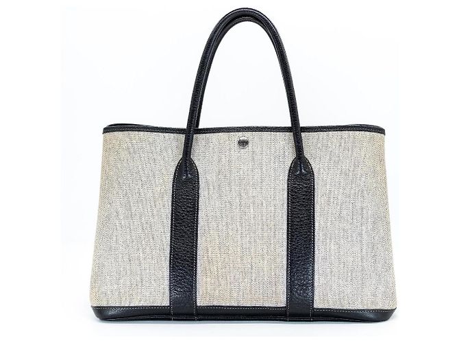 Hermès Garden Party PM in Toile e Pelle Nera Nero Beige Grigio - vista 7